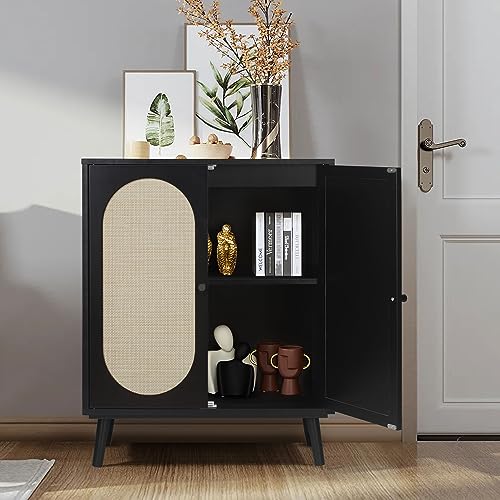 wirrytor Rattan Sideboard Buffer Cabinet, Modern Credenza Kitchen Buffer Storage Cabinet Console Table with 4 Rattan Doors Adjustable Shelves for Kitchen Dinging Living Room Hallway Entryway, Black