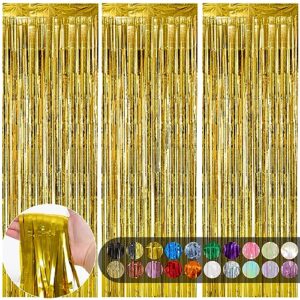 rubfac 3pcs 3.3x8.2 feet gold fringe backdrop curtains,tinsel streamers birthday party decorations,fringe backdrop for birthday women bachelorette wedding party decor