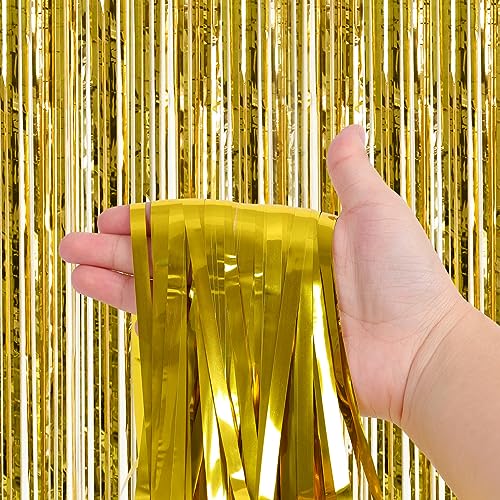 RUBFAC 3pcs 3.3x8.2 Feet Gold Fringe Backdrop Curtains,Tinsel Streamers Birthday Party Decorations,Fringe Backdrop for Birthday Women Bachelorette Wedding Party Decor