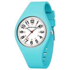 golden hour waterproof sports analog unisex watches for nurse medical professionals, students - military time glowing easy to read dial, jelly silicone strap in light blue