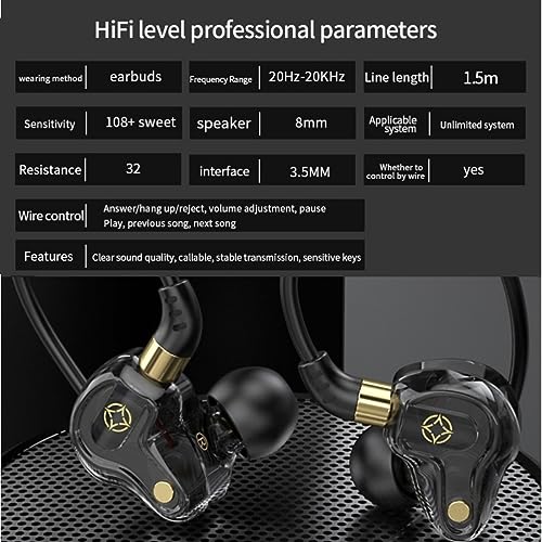 SWLIFL Wired Earbuds in-Ear Headphones with Microphone Volume Control Dual Dynamic Coil Bass Noise Canceling 3.5mm Jack Tangle-Free Cord Noise Isolating Earphones Black