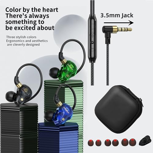 SWLIFL Wired Earbuds in-Ear Headphones with Microphone Volume Control Dual Dynamic Coil Bass Noise Canceling 3.5mm Jack Tangle-Free Cord Noise Isolating Earphones Black