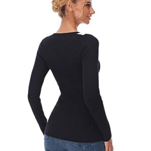 AmélieBoutik Women Color Trim V Neck Long Sleeve Ribbed Sweater Top (Black and Ivory White Large)