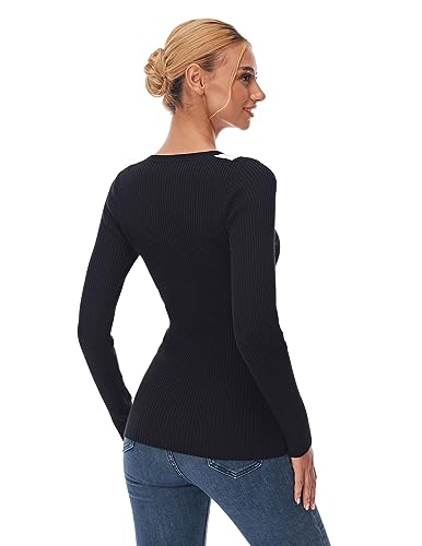 AmélieBoutik Women Color Trim V Neck Long Sleeve Ribbed Sweater Top (Black and Ivory White Large)