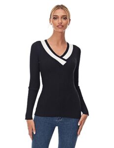 amélieboutik women color trim v neck long sleeve ribbed sweater top (black and ivory white large)