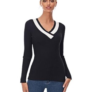 AmélieBoutik Women Color Trim V Neck Long Sleeve Ribbed Sweater Top (Black and Ivory White Large)