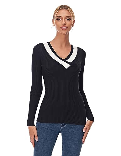 AmélieBoutik Women Color Trim V Neck Long Sleeve Ribbed Sweater Top (Black and Ivory White Large)