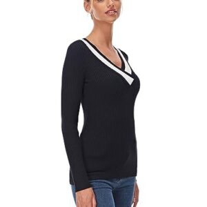 AmélieBoutik Women Color Trim V Neck Long Sleeve Ribbed Sweater Top (Black and Ivory White Large)