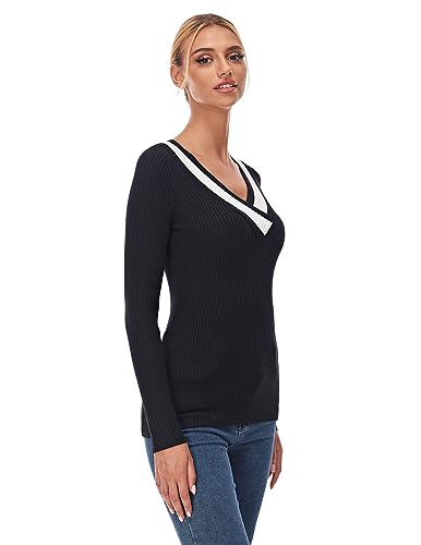 AmélieBoutik Women Color Trim V Neck Long Sleeve Ribbed Sweater Top (Black and Ivory White Large)