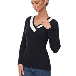 AmélieBoutik Women Color Trim V Neck Long Sleeve Ribbed Sweater Top (Black and Ivory White Large)