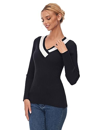 AmélieBoutik Women Color Trim V Neck Long Sleeve Ribbed Sweater Top (Black and Ivory White Large)