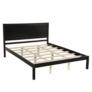 KoiHome Queen Wood Platform Bed Frame with Headboard, Modern Bed Frame with Solid Wood Slat and Support Legs for Bedroom, Simple and Classic Design, No Box Spring Need, Espresso (Queen)