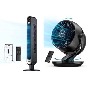 dreo smart tower fan wifi voice control, compatible with alexa/google & table fans for home bedroom, 9 inch quiet oscillating floor fan with remote, air circulator fan