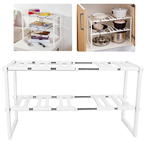 2-Tier Under Sink Organizer, Kitchen Sink Caddy Organizer, Sink Rack Cabinet Organizer Storage Telescopic Shelf for Kitchen Bathroom, White