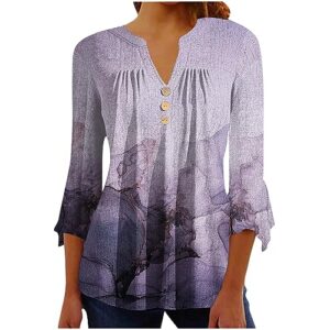 Bell 3/4 Sleeve Tops for Women Leaves Print Notch V Neck Hide Belly Tunic Work Blouses Comfy Casual Loose T Shirt Fall Tops for Women 2023 Vacation Sudadera para Mujer