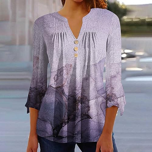 Bell 3/4 Sleeve Tops for Women Leaves Print Notch V Neck Hide Belly Tunic Work Blouses Comfy Casual Loose T Shirt Fall Tops for Women 2023 Vacation Sudadera para Mujer