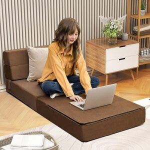 RELAX4LIFE Folding Sofa Bed Chair - 3-in-1 Convertible Couch Sleeper, Floor Futon Couch w/Removable Cover & Full Padded Foam, Fabric Guest Sleeper Chair for Living Room, Study, Apartment (Brown)