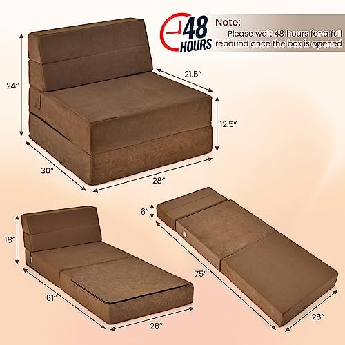 RELAX4LIFE Folding Sofa Bed Chair - 3-in-1 Convertible Couch Sleeper, Floor Futon Couch w/Removable Cover & Full Padded Foam, Fabric Guest Sleeper Chair for Living Room, Study, Apartment (Brown)