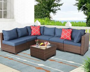 htth patio furniture sets outdoor furniture outdoor rattan wicker conversation sofa garden sectional sets with washable cushions coffee table (mix-blue)