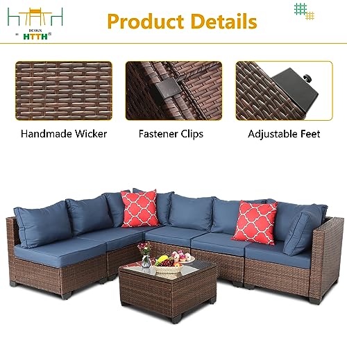 HTTH Patio Furniture Sets Outdoor Furniture Outdoor Rattan Wicker Conversation Sofa Garden Sectional Sets with Washable Cushions Coffee Table (Mix-Blue)