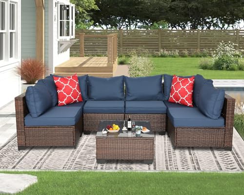 HTTH Patio Furniture Sets Outdoor Furniture Outdoor Rattan Wicker Conversation Sofa Garden Sectional Sets with Washable Cushions Coffee Table (Mix-Blue)