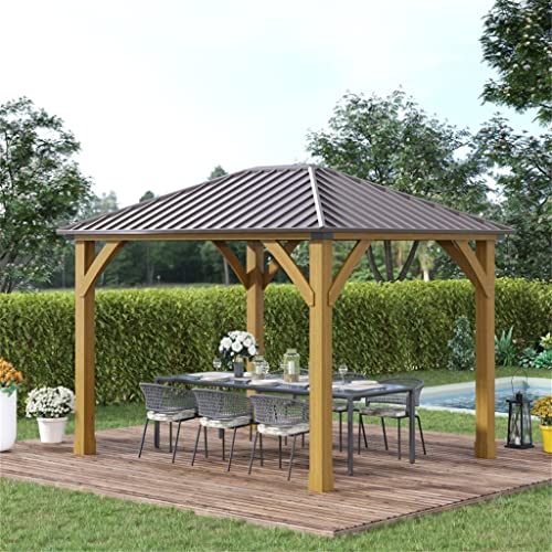 CZDYUF 10' X 12' Patio Solid Metal Roof Gazeb, Galvanized Steel Gazebo with Wooden Frame, for Patios Deck Backyard Gardon