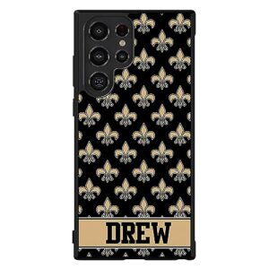 French Fleur De Lis Black and Gold Personalized Black Rubber Phone Case Compatible With Samsung Galaxy S23 S23+ Ultra S22 S22+ S21 S21FE S21+ S20FE S20+ S20 Note 20 S10 S10+ S10e