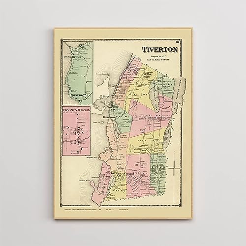 MG Global Historic Map Poster of Tiverton Rhode Island 1870 Stone Bridge Tiverton Four Corners Genealogy RI TM | 11x17 12x18 16x24 24x36 Unframed Print Wall Art | Vintage Antique Rustic Decor for Gift