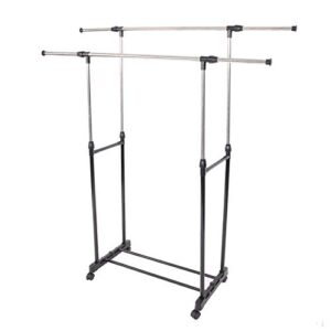 vasitelan standard 2 double rod clothing metal garment rack for hanging clothes, rolling clothes organizer on lockable wheels mobile (style 2)