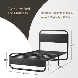 Twin Bed Frame with Headboard LED Bed Frame Twin Size Platform Bed Frame Heavy Duty Metal Rustic Bed Frame Twin Wood Platform Bed Frame Under Bed Storage Noise Free No Box Spring Needed (Twin, Black)