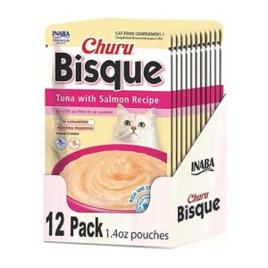 inaba churu bisque lickable treats for cats, creamy purée bisque with vitamin e, 1.4 ounces per pouch, 16.8 ounces total (12 servings), tuna with salmon recipe