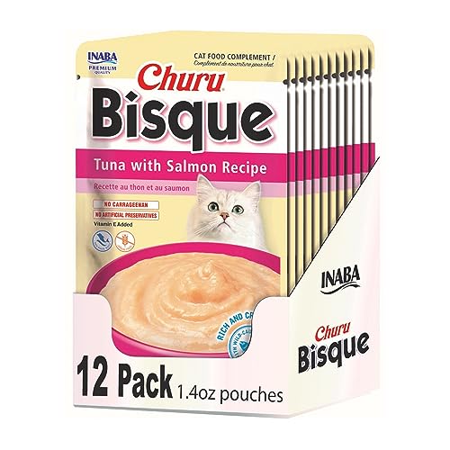 INABA Churu Bisque Lickable Treats for Cats, Creamy Purée Bisque with Vitamin E, 1.4 Ounces per Pouch, 16.8 Ounces Total (12 Servings), Tuna with Salmon Recipe