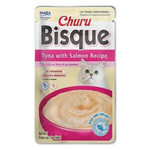 INABA Churu Bisque Lickable Treats for Cats, Creamy Purée Bisque with Vitamin E, 1.4 Ounces per Pouch, 16.8 Ounces Total (12 Servings), Tuna with Salmon Recipe