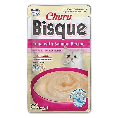 INABA Churu Bisque Lickable Treats for Cats, Creamy Purée Bisque with Vitamin E, 1.4 Ounces per Pouch, 16.8 Ounces Total (12 Servings), Tuna with Salmon Recipe