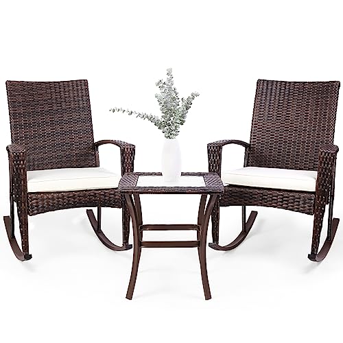 Niubya 3 Piece Wicker Rocking Chair Patio Furniture Sets, Outdoor Wicker Bistro Rattan Chair Conversation Sets with Cushions and Coffee Table, Beige and Brown