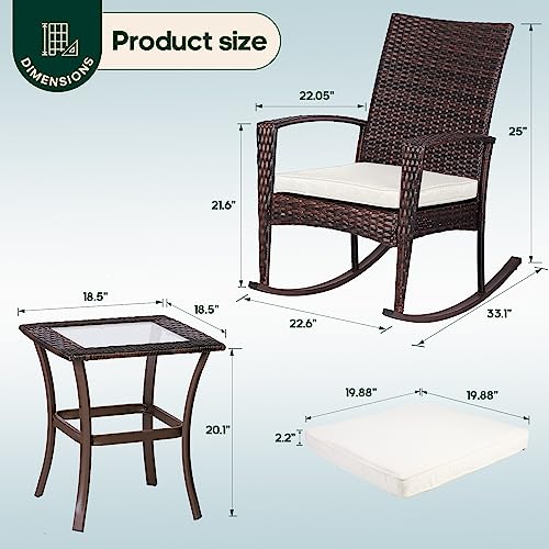 Niubya 3 Piece Wicker Rocking Chair Patio Furniture Sets, Outdoor Wicker Bistro Rattan Chair Conversation Sets with Cushions and Coffee Table, Beige and Brown