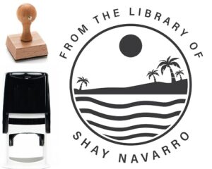 personalized library book stamp with beach theme - custom wooden stamp, perfect for beach lovers and summer reading - add a tropical touch to your library collection! (1 5/8” x 1 5/8”)