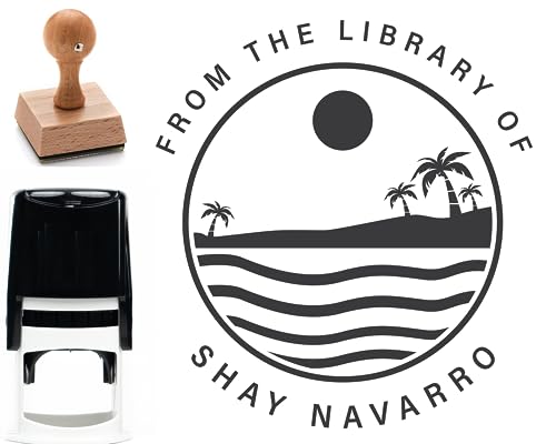 Personalized Library Book Stamp with Beach Theme - Custom Wooden Stamp, Perfect for Beach Lovers and Summer Reading - Add a Tropical Touch to Your Library Collection! (1 5/8” x 1 5/8”)