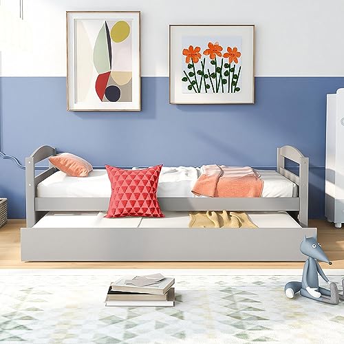 Anwickmak Wooden Twin Daybed with Trundle, Trundle Bed Twin, Modern Platform Day Beds Frames for Kids,Teens,Boys,Girls,Solid Wood Slat Support,Noiseless,No Box Spring Needed,Easy Assemble (Grey)