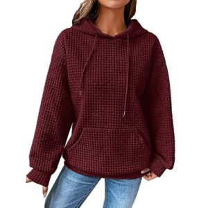 claridge women waffle hoodie 2023 fashion fall clothes solid color casual drawstring pullover hooded sweatshirts with pockets red