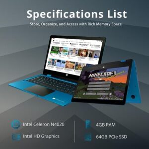 Gateway Newest 11.6” HD 2-in-1 Convertible Touchscreen Student Laptop, Intel Celeron N4020, 4GB RAM, 64GB SSD, Webcam, THX Audio, Wi-Fi, Mini HDMI, 1 Year Office 365, Blue, Win10, 32GB USB Card