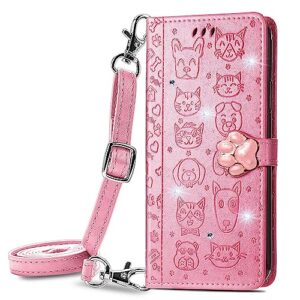 onv wallet case for oppo realme 7 pro - adjustable strap sparkly animal leather folio cover card holder anti-shock stand magnet flip case for oppo realme 7 pro [mg] -pink