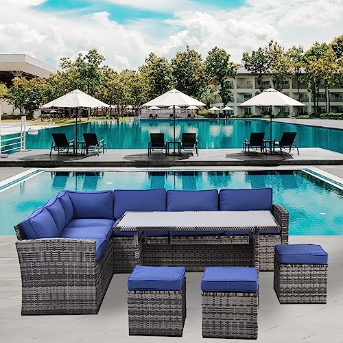 Affmitime 7 Pieces Patio Furniture Set, All Weather Wicker Outdoor Sectional Couch Sofa Dining Table Chair Set, Outside Furniture Conversation Set for Backyard Garden Poolside Balcony (Blue)