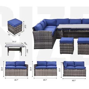 Affmitime 7 Pieces Patio Furniture Set, All Weather Wicker Outdoor Sectional Couch Sofa Dining Table Chair Set, Outside Furniture Conversation Set for Backyard Garden Poolside Balcony (Blue)