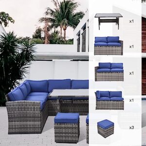 Affmitime 7 Pieces Patio Furniture Set, All Weather Wicker Outdoor Sectional Couch Sofa Dining Table Chair Set, Outside Furniture Conversation Set for Backyard Garden Poolside Balcony (Blue)