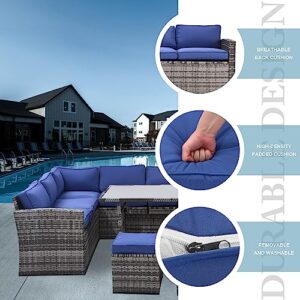 Affmitime 7 Pieces Patio Furniture Set, All Weather Wicker Outdoor Sectional Couch Sofa Dining Table Chair Set, Outside Furniture Conversation Set for Backyard Garden Poolside Balcony (Blue)