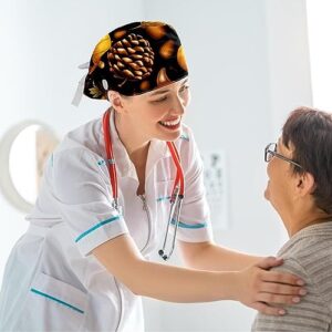 Thanksgiving Acorn Working Cap with Button Sweatband Adjustable Tie Back Bouffant Hats with Scrunchie