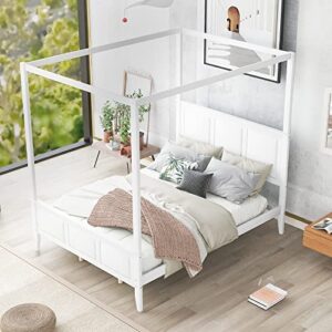 biadnbz queen size canopy platform bed with headboard and footboard,wooden bedframe with slat support leg for bedroom guest room,no box spring needed,white