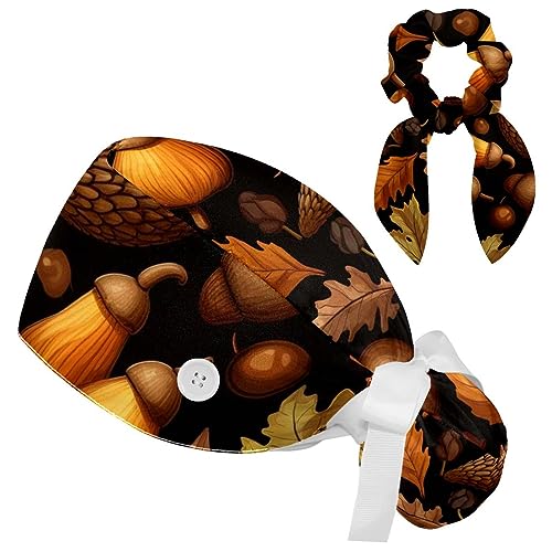 Thanksgiving Acorn Working Cap with Button Sweatband Adjustable Tie Back Bouffant Hats with Scrunchie