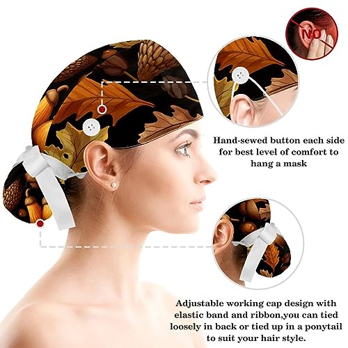Thanksgiving Acorn Working Cap with Button Sweatband Adjustable Tie Back Bouffant Hats with Scrunchie